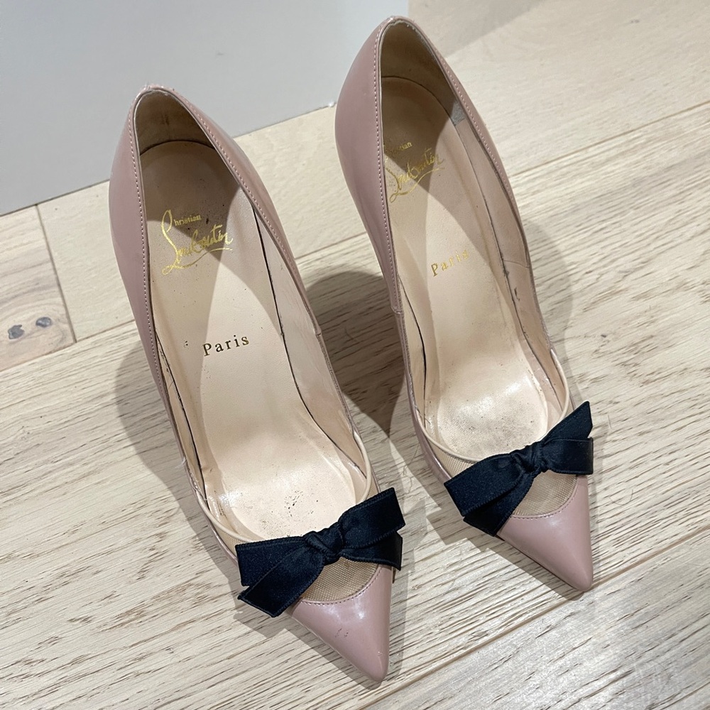 Christian Louboutin Nude Patent Leather Pumps with Black Bow